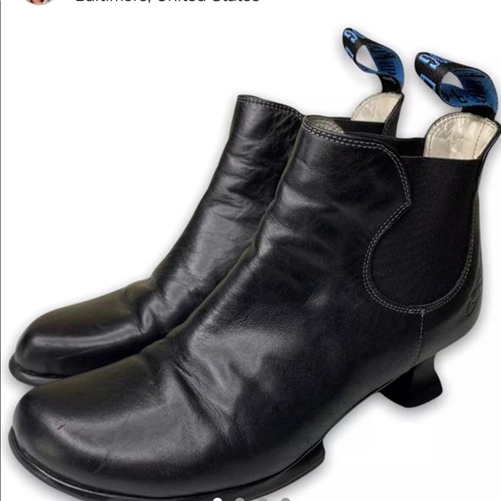 John Fluevog Black Leather Ankle Boots with Blue Pull Tabs